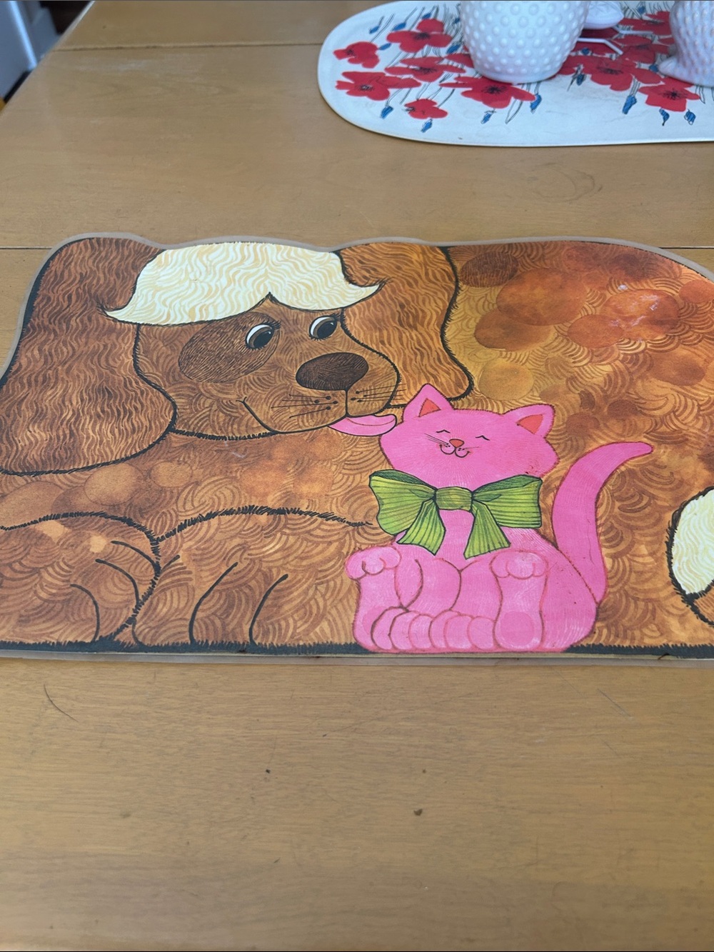 Vintage plasticCute Dog and Pink Cat Placemat with Green Bow